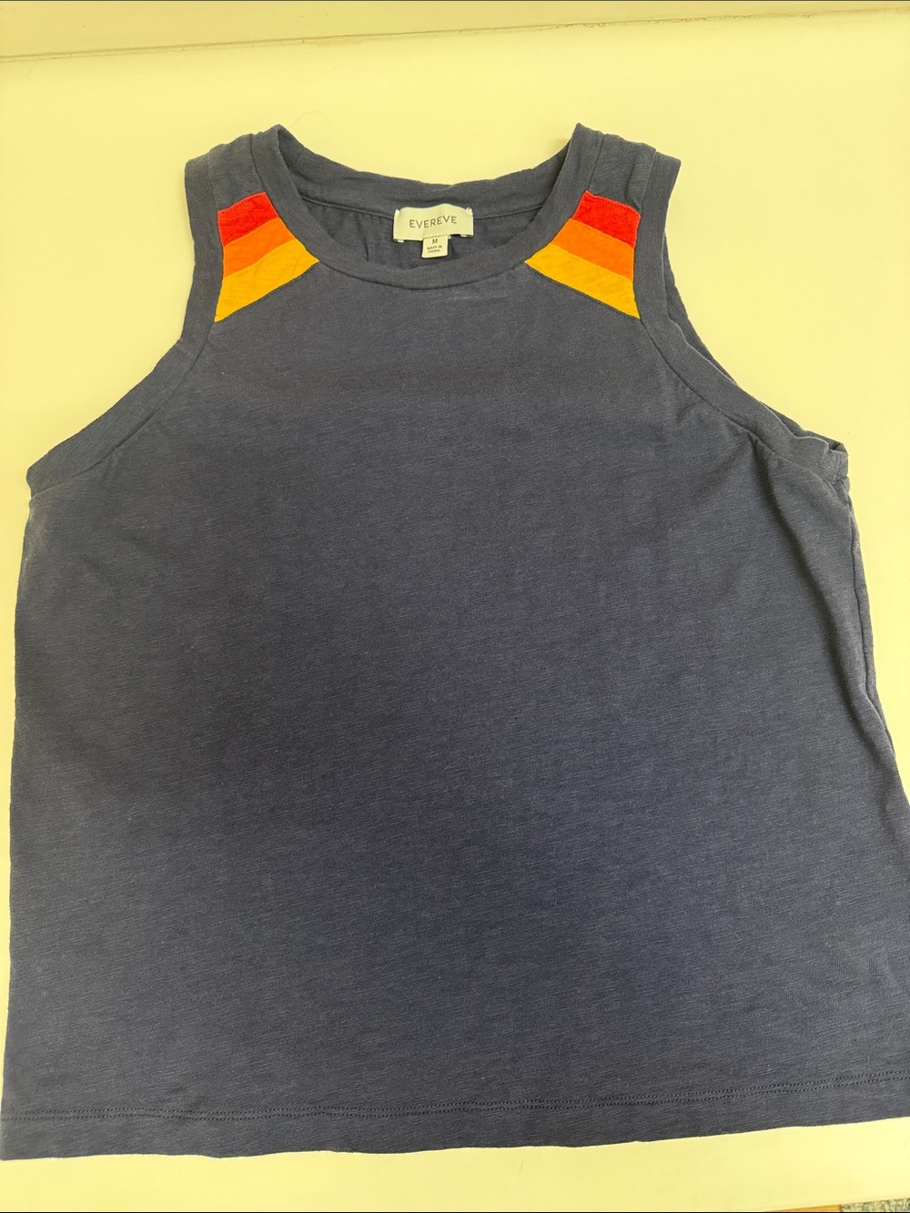 Evereve Navy Sleeveless Tank with Sunset Shoulder Stripes